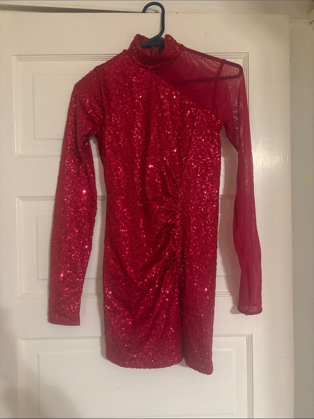 Weissman Red Sequin One-Shoulder Mini Dress